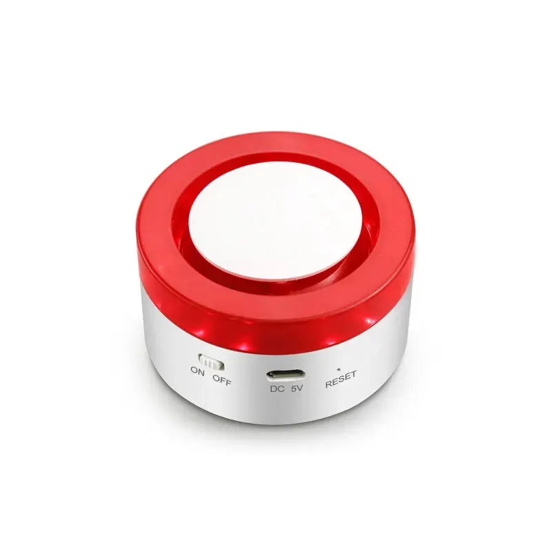 Tuya smart wireless security alarm siren with red ring and silver base
