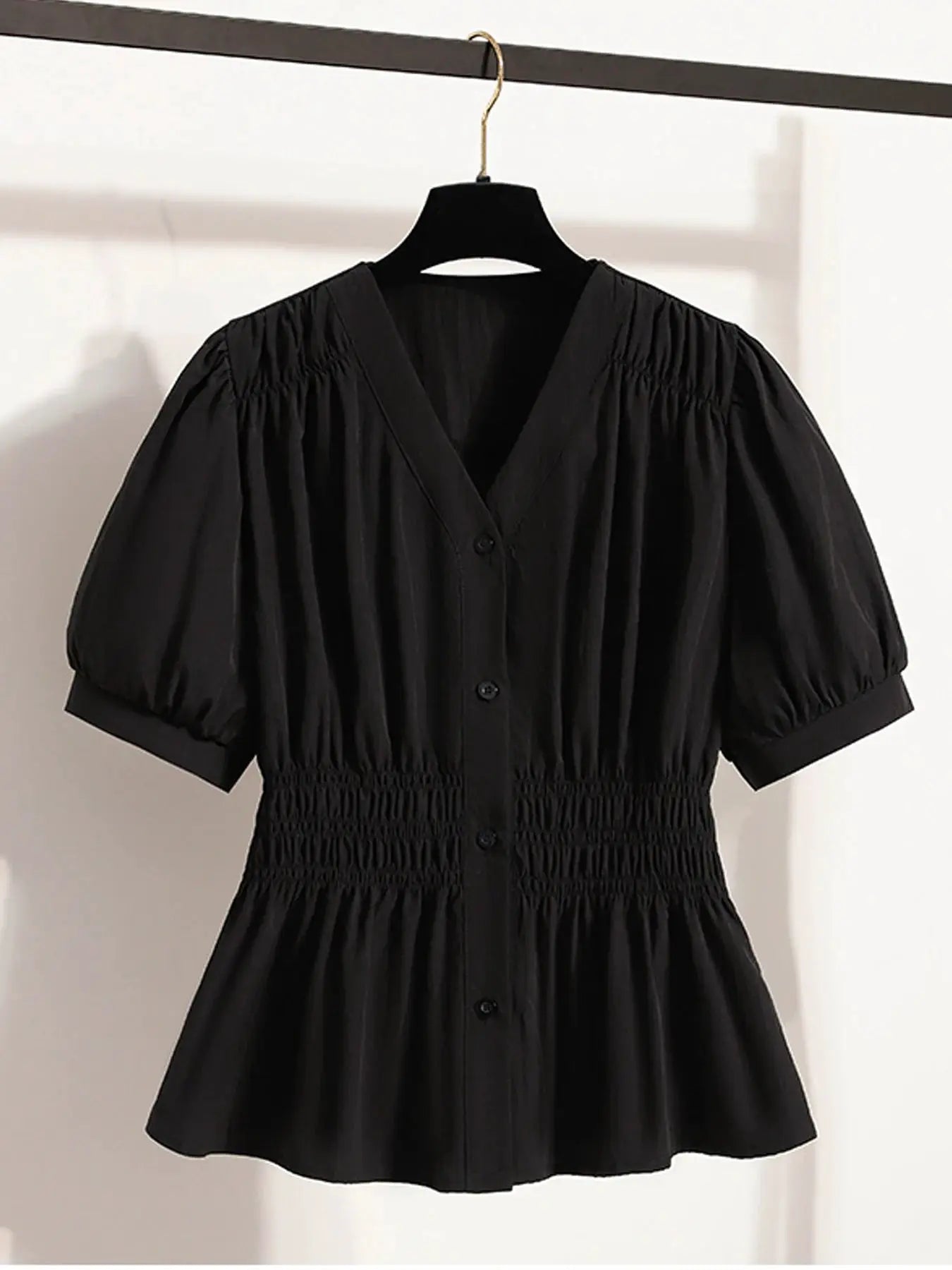 Simples Market black short-sleeve V-neck top with smocked elastic waist on hanger