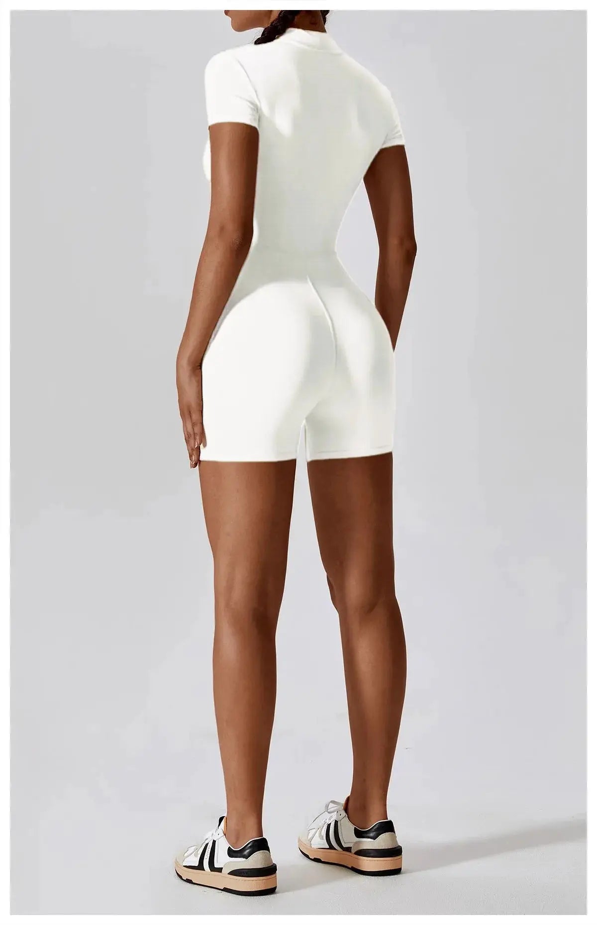 Women's white zipper short-sleeve yoga jumpsuit, quick-dry breathable, Simples Market