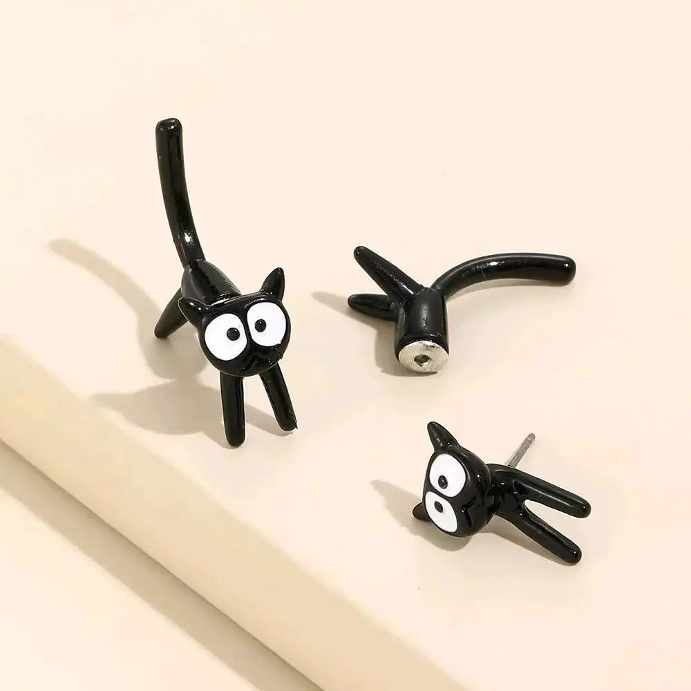 Black cat design stud earrings; zinc alloy, lightweight, women’s fashion jewelry, set of 3.