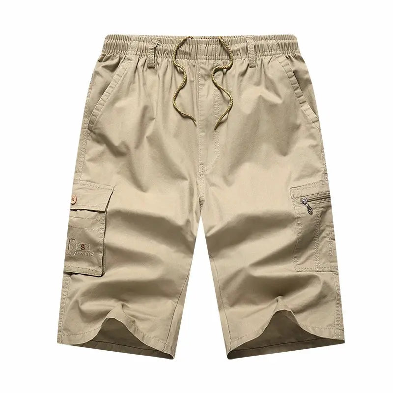 Men's Simples Market knee-length khaki cotton cargo shorts with drawstring waistband and zip pockets
