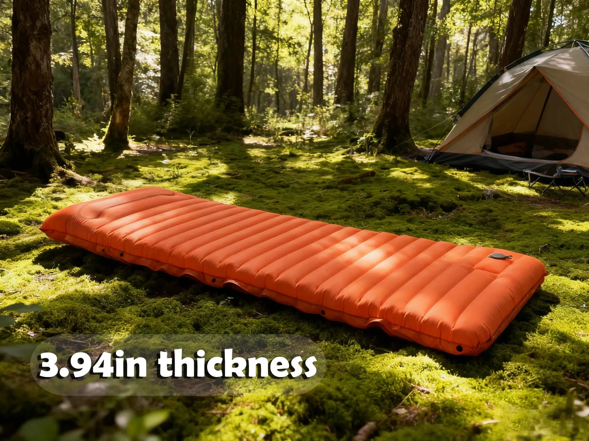 Simples Market orange 4-inch thick camping sleeping pad, self-inflating, spliceable, on forest campsite with tent