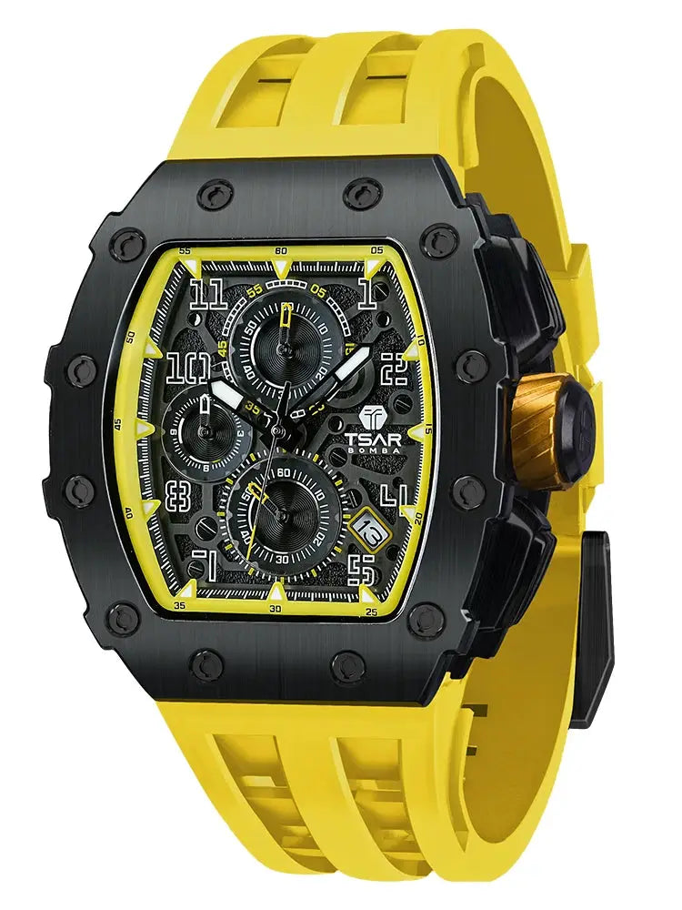 TSAR BOMBA men's watch with yellow strap, black tonneau case, and skeleton dial