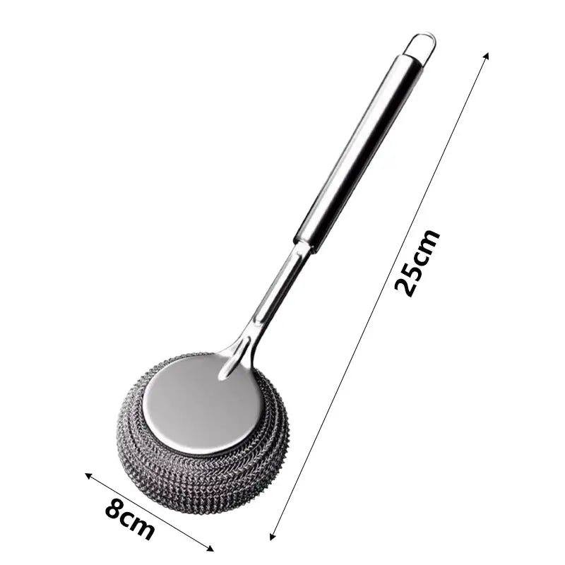 Stainless steel pot brush with long handle and steel wool ball head for tough cleaning, 25 cm
