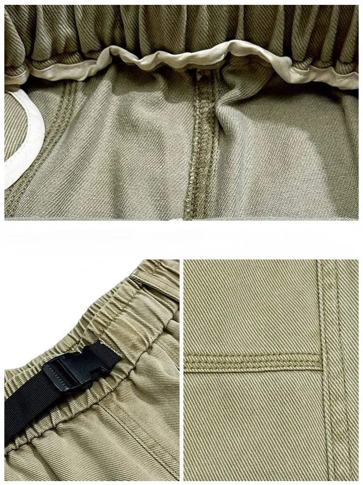 Simples Market khaki baggy cargo joggers for men with elastic waist and adjustable buckle strap.