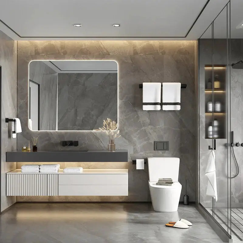 Simples Market black bathroom hardware set with self-sticking robe hook, towel rail, towel bar, and paper holder.