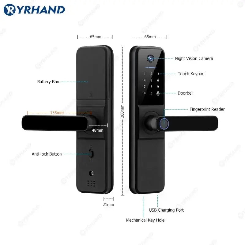 YRHAND H01 smart door lock with biometric camera and fingerprint reader, black finish, IP66 rated
