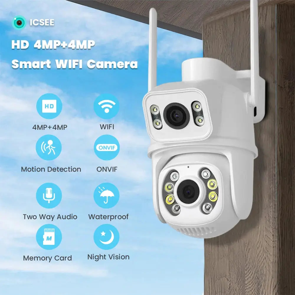 Simples Market ICSEE outdoor wireless security camera, white dual-lens with smart WiFi and night vision.