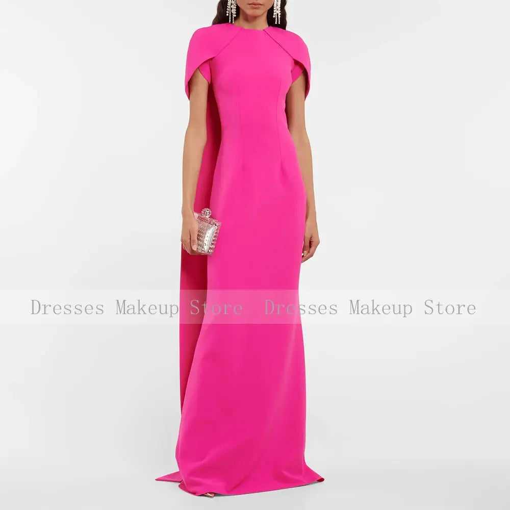 Hot Pink Mermaid Evening Dress O Neck Criss Cross Watteau Train Prom