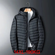 Plus-size men's black hooded down jacket, lightweight puffer coat on hanger