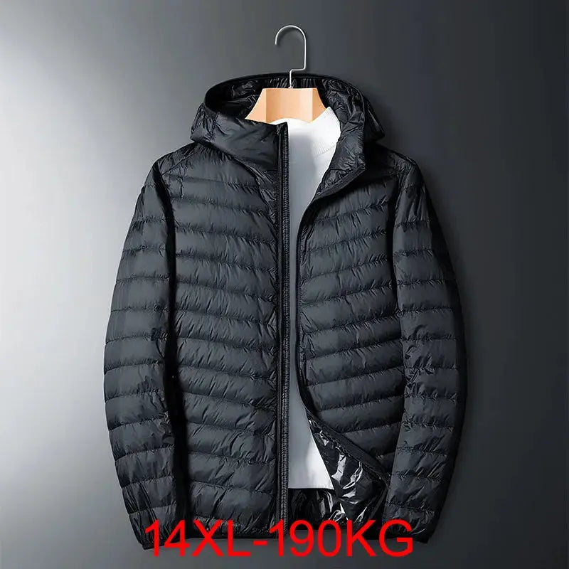 Plus-size men's black hooded down jacket, lightweight puffer coat on hanger