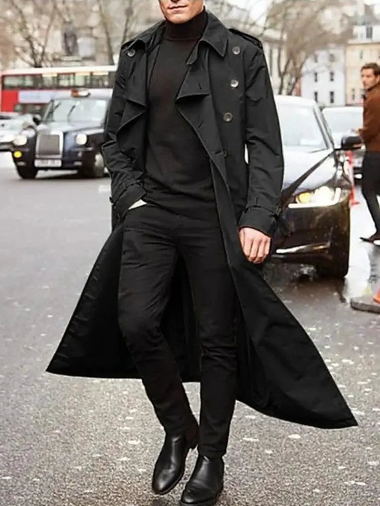 Men's black streetwear trench coat with epaulets, long overcoat for spring
