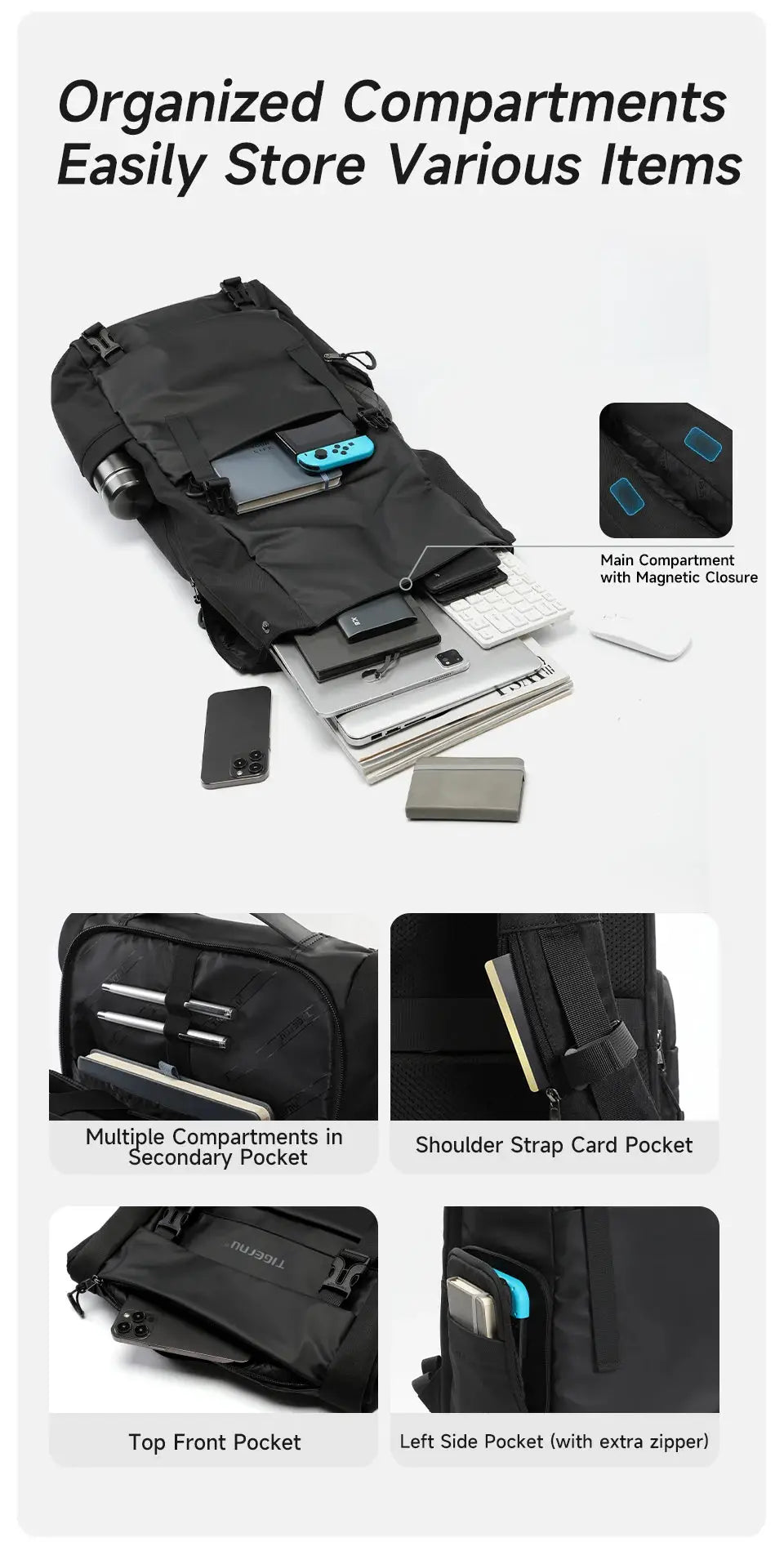 Tigernu travel backpack by Simples Market, black TPU waterproof, expandable with multiple compartments