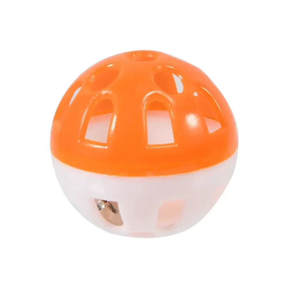 Parrot toy ball; colorful hollow rolling bell, orange top half with holes and white bottom plastic
