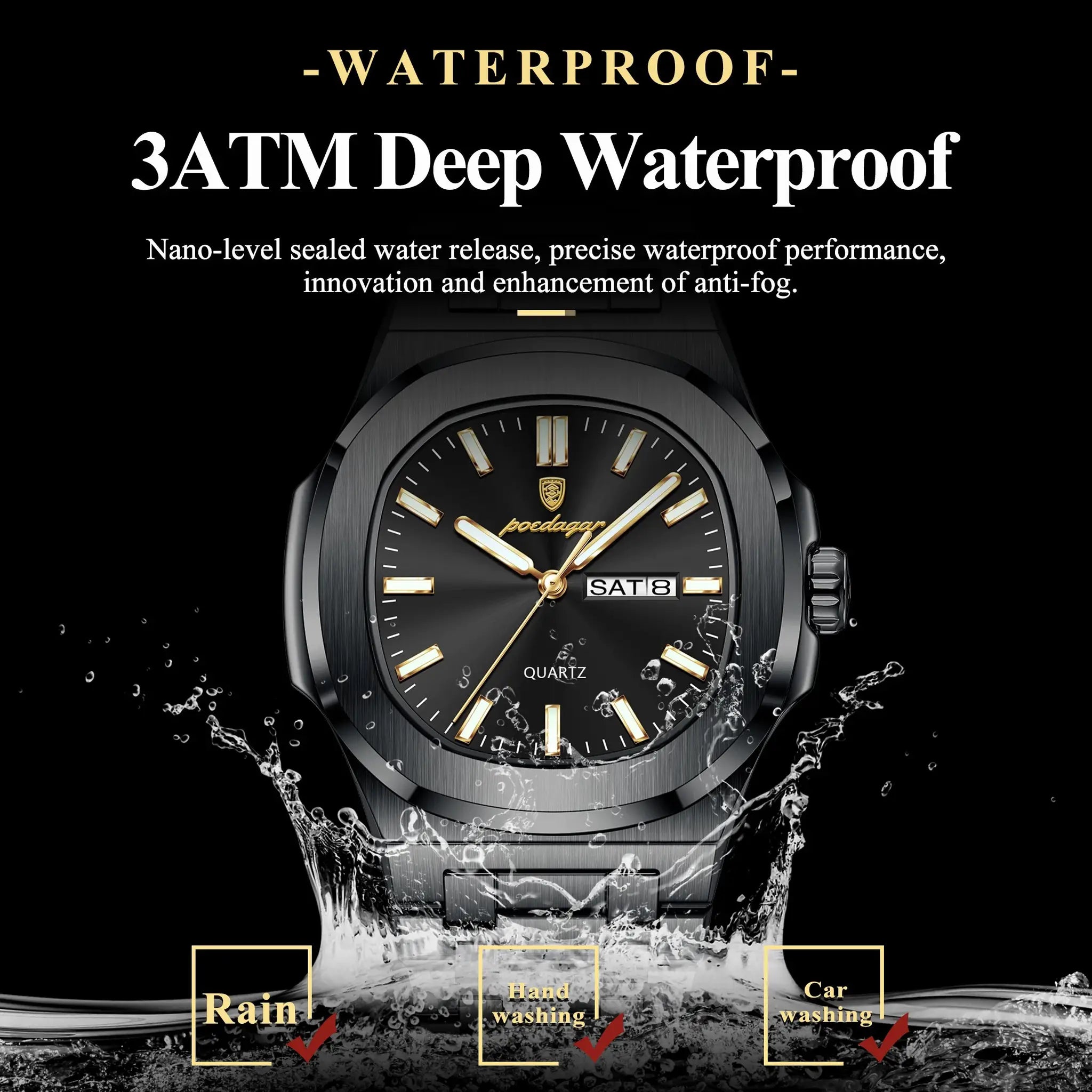 POEDAGAR luxury square men's watch by Simples Market, stainless steel, 3ATM waterproof, luminous dial with date and day.