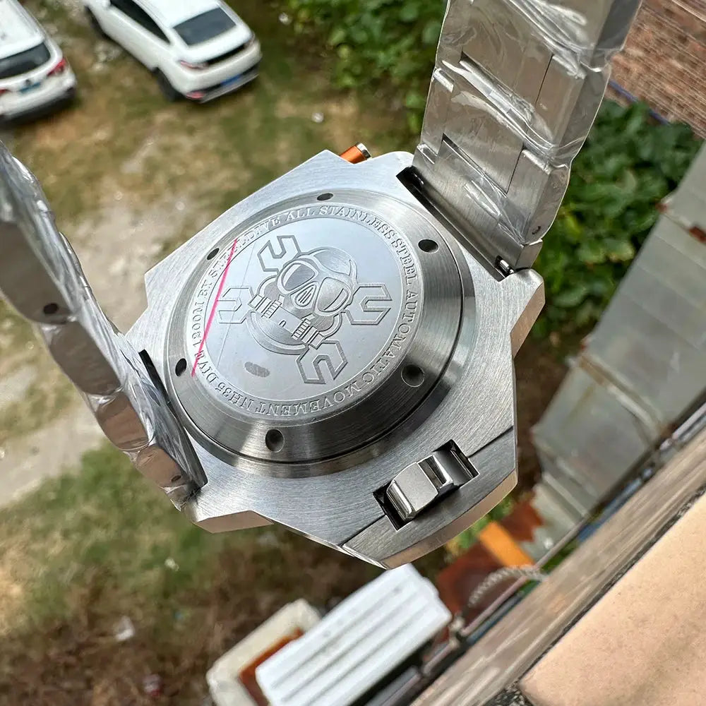 Steeldive Proplof SD1969 V3 dive watch back case with stainless steel bracelet.