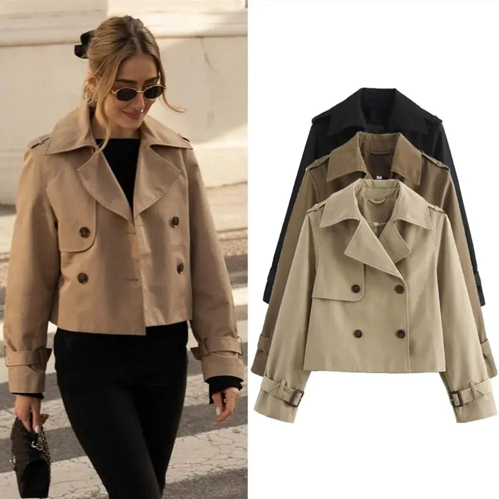 Urban Vintage Cropped Trench Coat For Women Double Breasted Style Spring Autumn Streetwear Outerwear