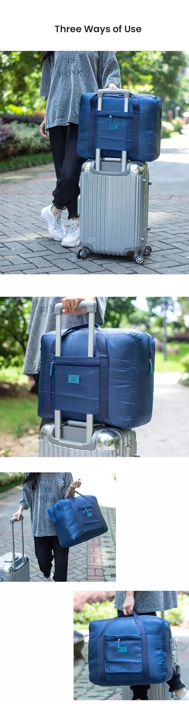 Foldable travel duffel bag by Simples Market, blue, lightweight carry-on luggage, attached to a silver rolling suitcase.