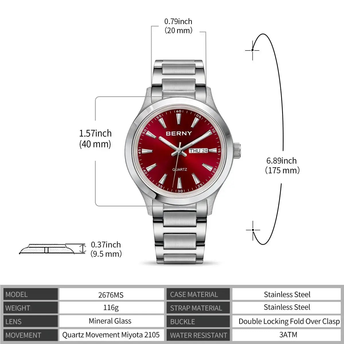 BERNY Men Watch with stainless steel bracelet, red dial, day-date window, quartz movement