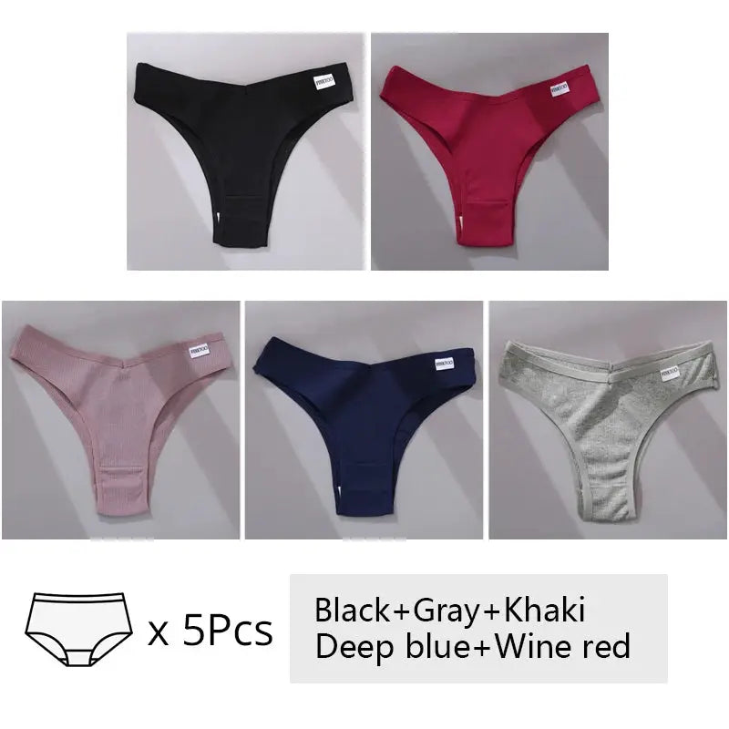 FINETOO cotton Brazilian panties 5-piece set in black, pink, deep blue, wine red and gray; V-waist T-back underwear