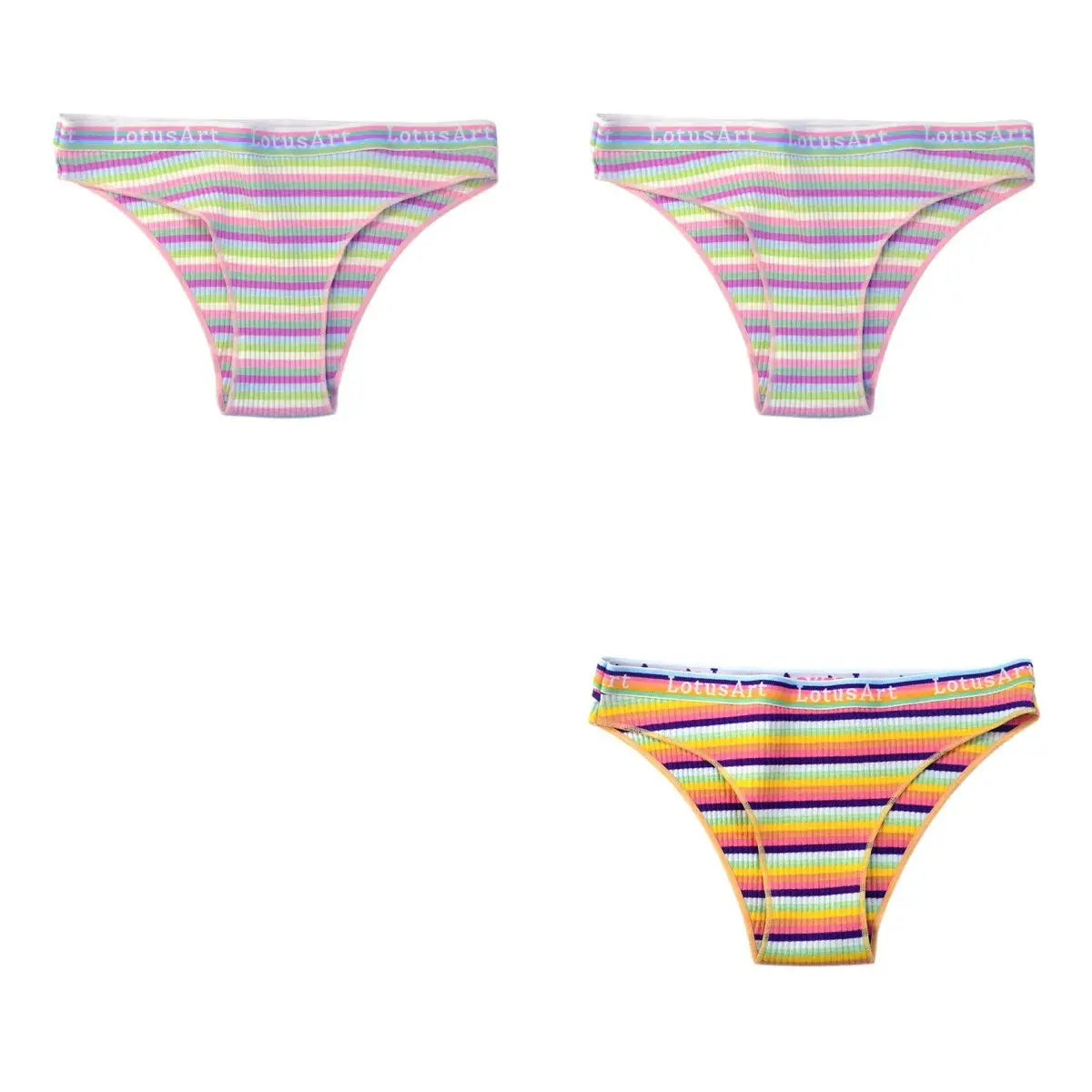 3-piece cotton women's striped panties set; low-rise, breathable, pastel and rainbow colors; LotusArt waistband