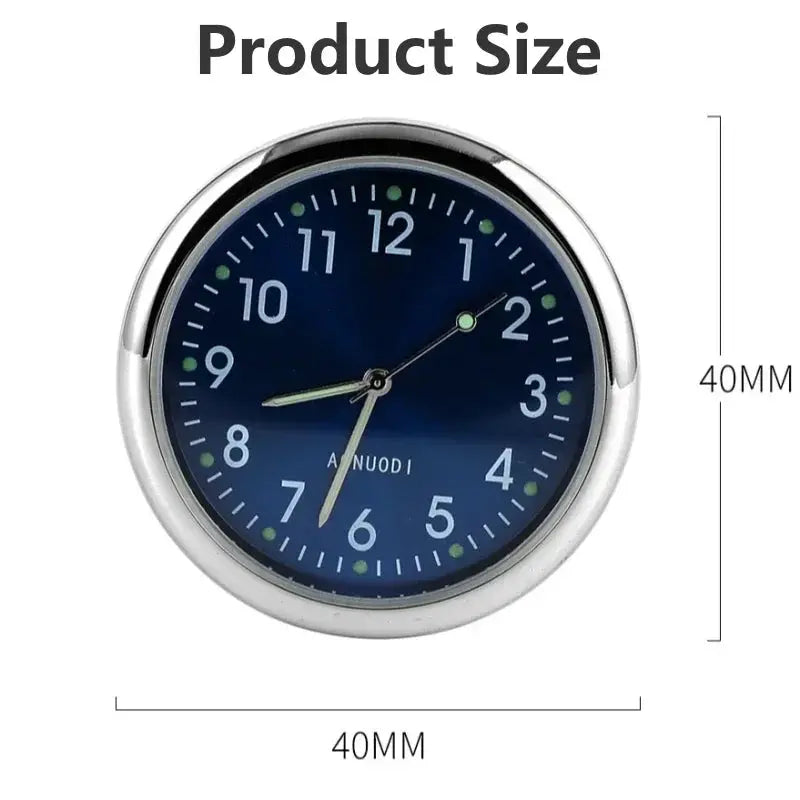 Car clock luminous auto ornament with blue dial, 40mm diameter, silver bezel