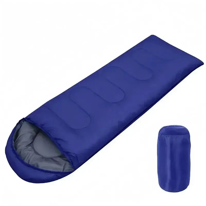 Camping sleeping bag by Simples Market, blue mummy-style with compression sack; lightweight 4-season gear.