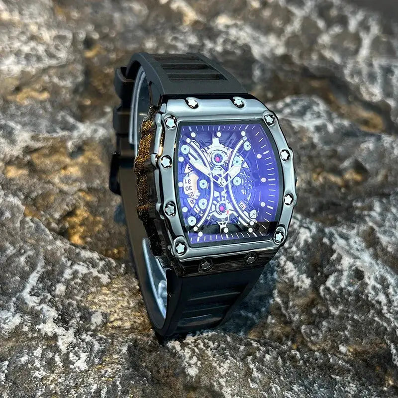 Light Luxury Brand Mens Wine Barrel Dial Quartz Watch with Night Glow and Calendar Durable Silicone Band
