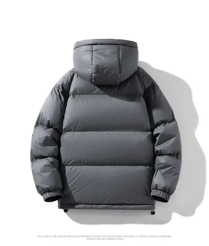 Men's gray hooded down jacket by Simples Market, 90% white duck down, thick warm winter coat (M–4XL)