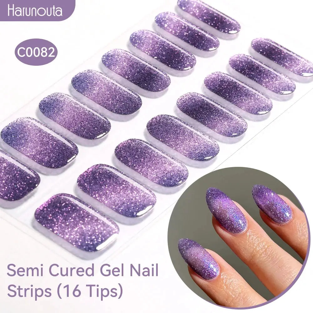 Gradient Auroras semi-cured gel nail strips by Simples Market, purple glitter, 16 tips