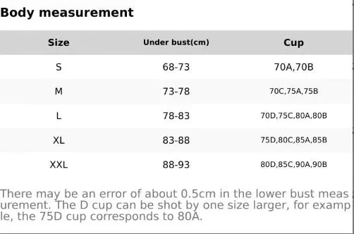 Simples Market No Trace Top Bra sizing chart showing under-bust 68–93 cm and cups S–XXL