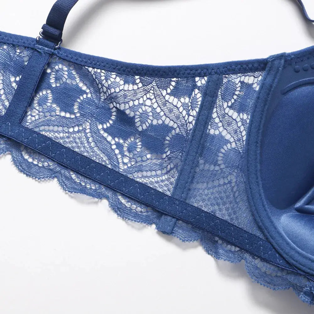Push-up bra with blue floral lace cups, padded, and scalloped edge.