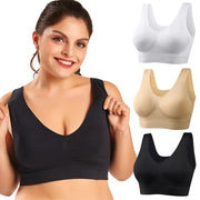 Sports bra by Simples Market; wireless, plus-size, double-layer seamless, shown in white, beige and black.