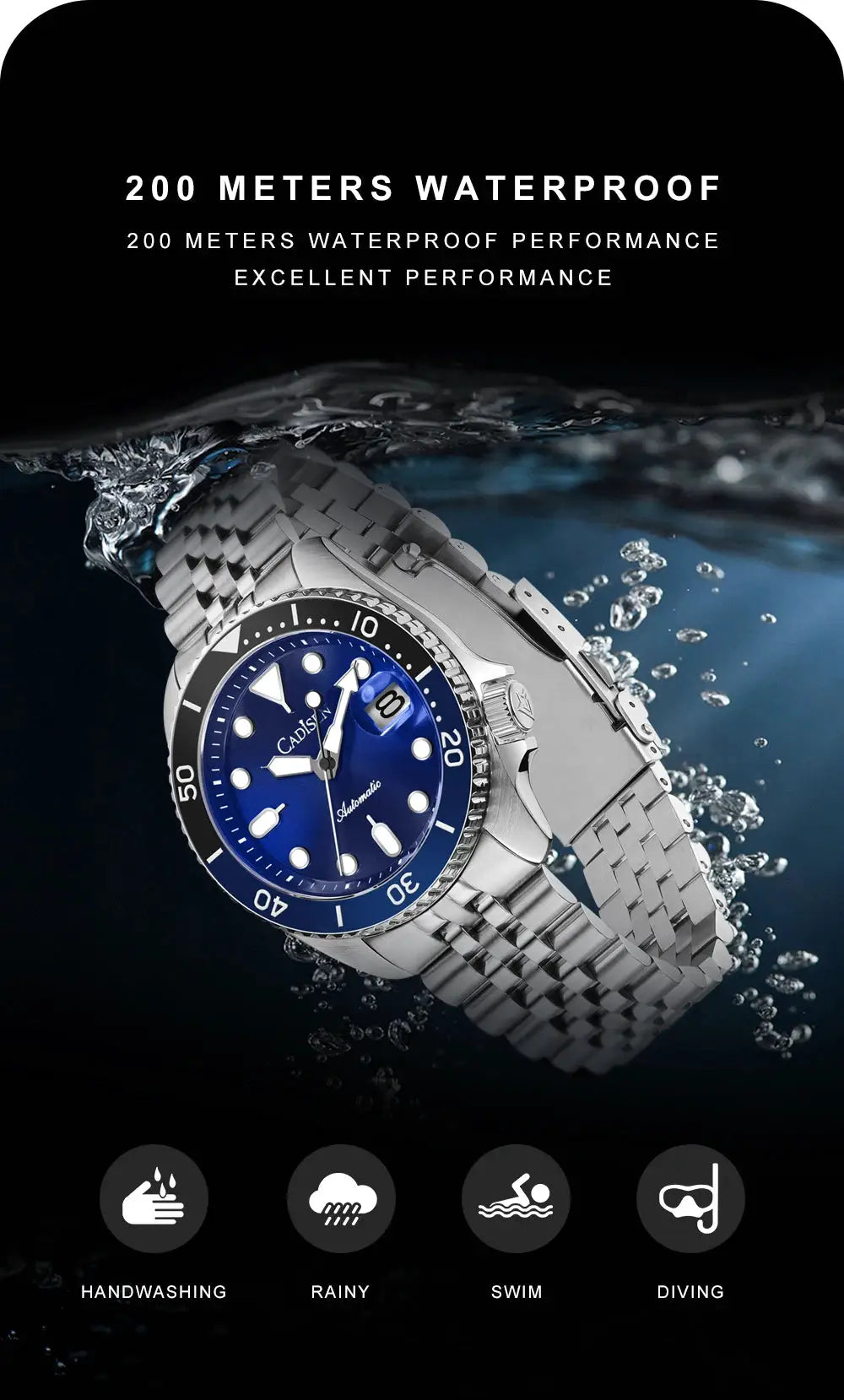 CADISEN men's automatic diver watch with blue dial, ceramic bezel and stainless steel bracelet