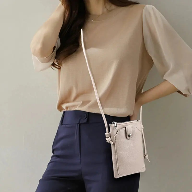 Simples Market PU leather diagonal crossbody bag in beige with mini phone-wallet pouch