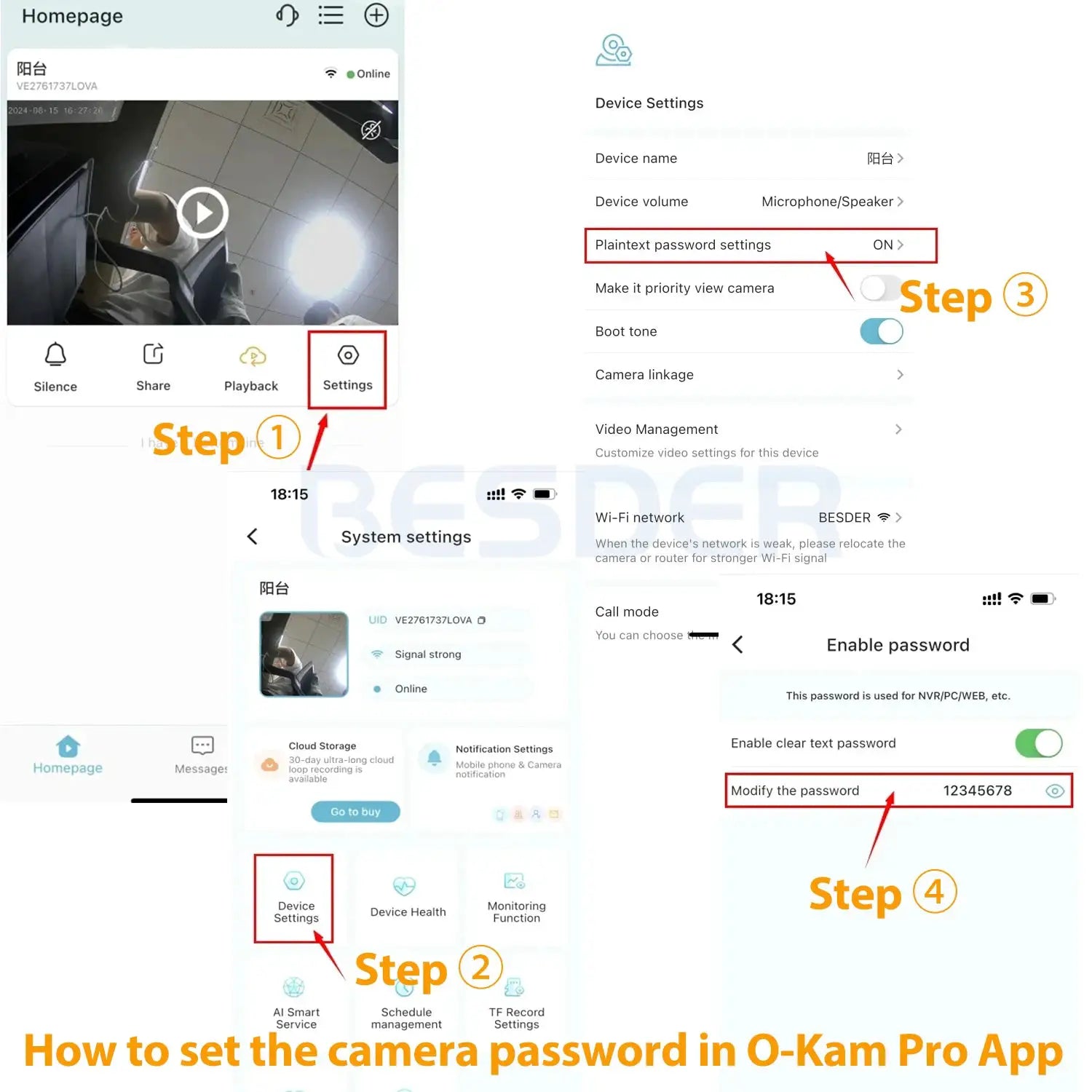 BESDER 15MP WiFi outdoor CCTV camera with PTZ; Simples Market O-Kam Pro app password setup step-by-step guide