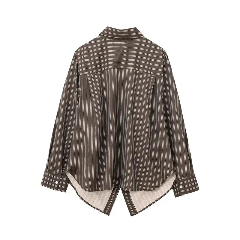 Women's brown striped blouse with long sleeves and back high-low hem