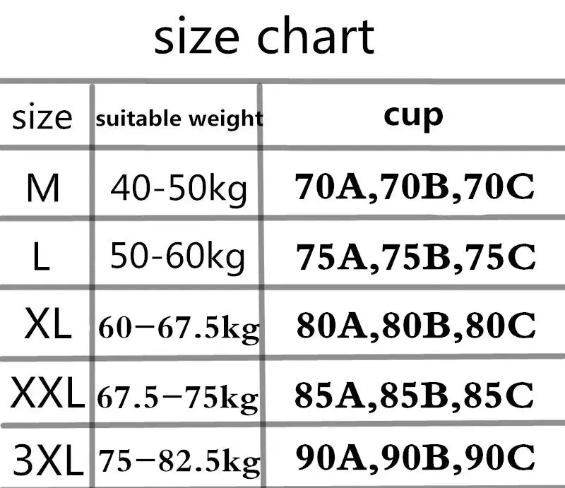 Simples Market women's bra size chart with five sizes (M–3XL), weight ranges and cup sizes.