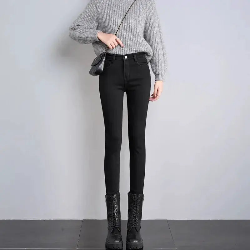 Women Thermal Skinny Jeans With Plush Lining Warm Winter Denim Pants