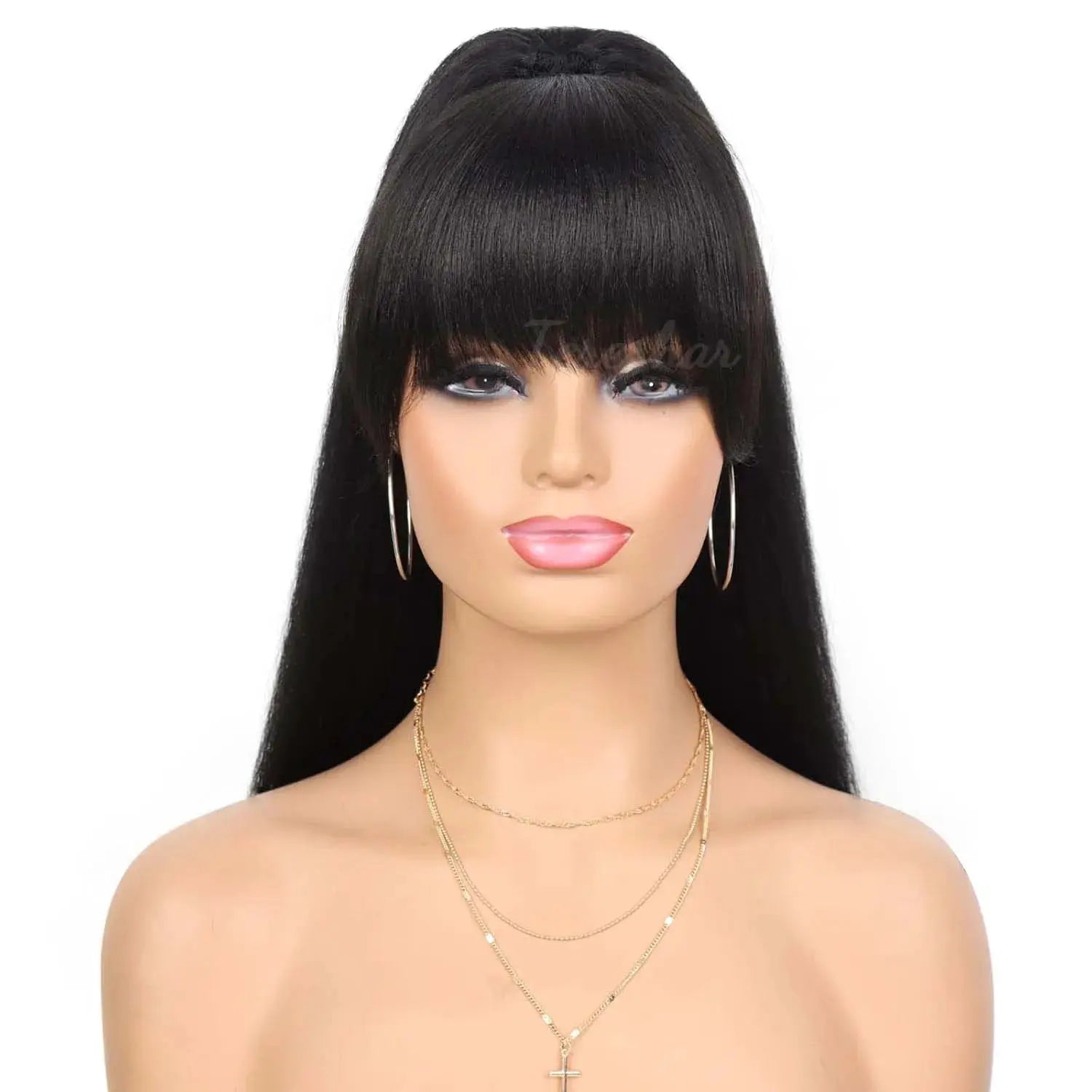 Simples Market synthetic yaki drawstring ponytail extension with bangs, long straight black hair on mannequin.