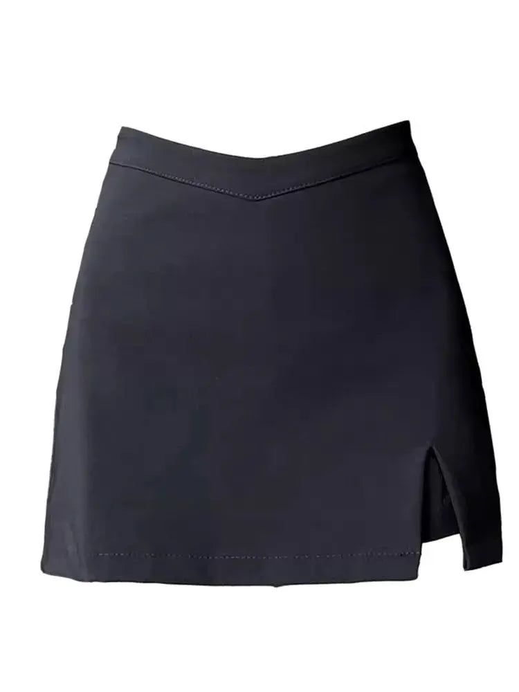 Women's mini skirt, black split design, high-waist A-line with side slit, Simples Market