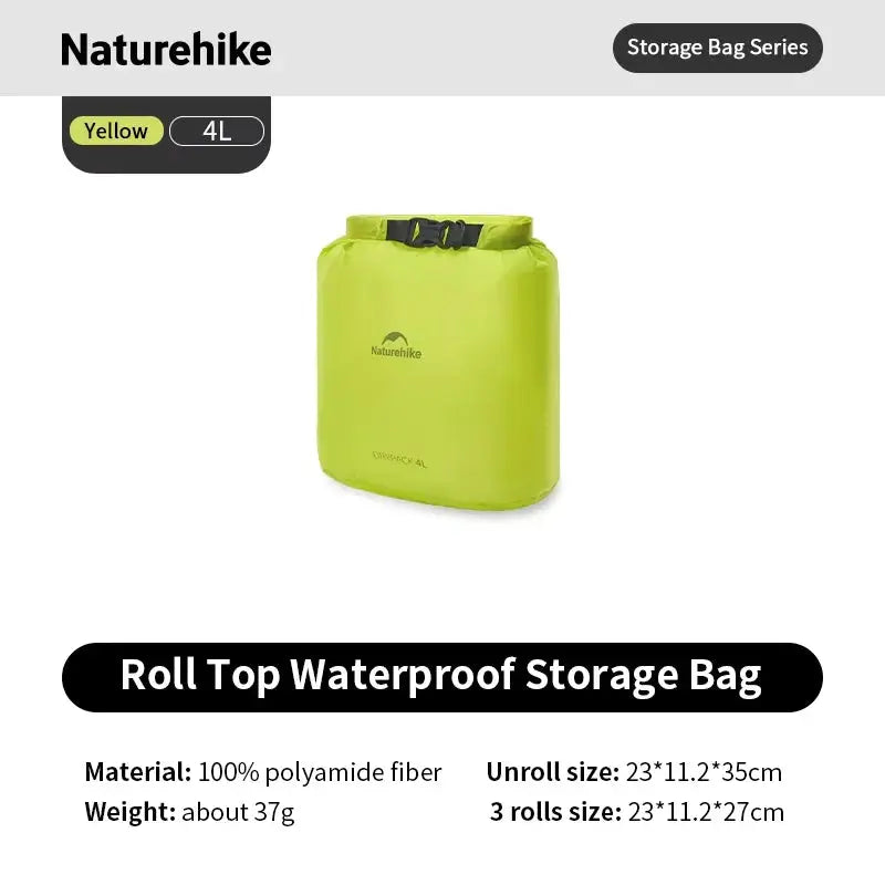 Naturehike roll-top waterproof storage bag, yellow 4L, lightweight travel organizer