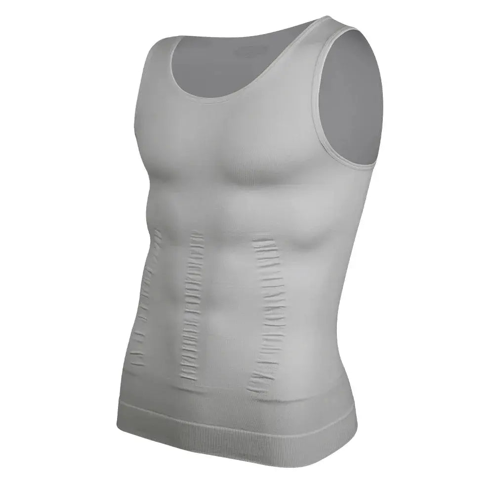 Men's compression shirt body shaper tank top in white with tummy-contouring panels by Simples Market