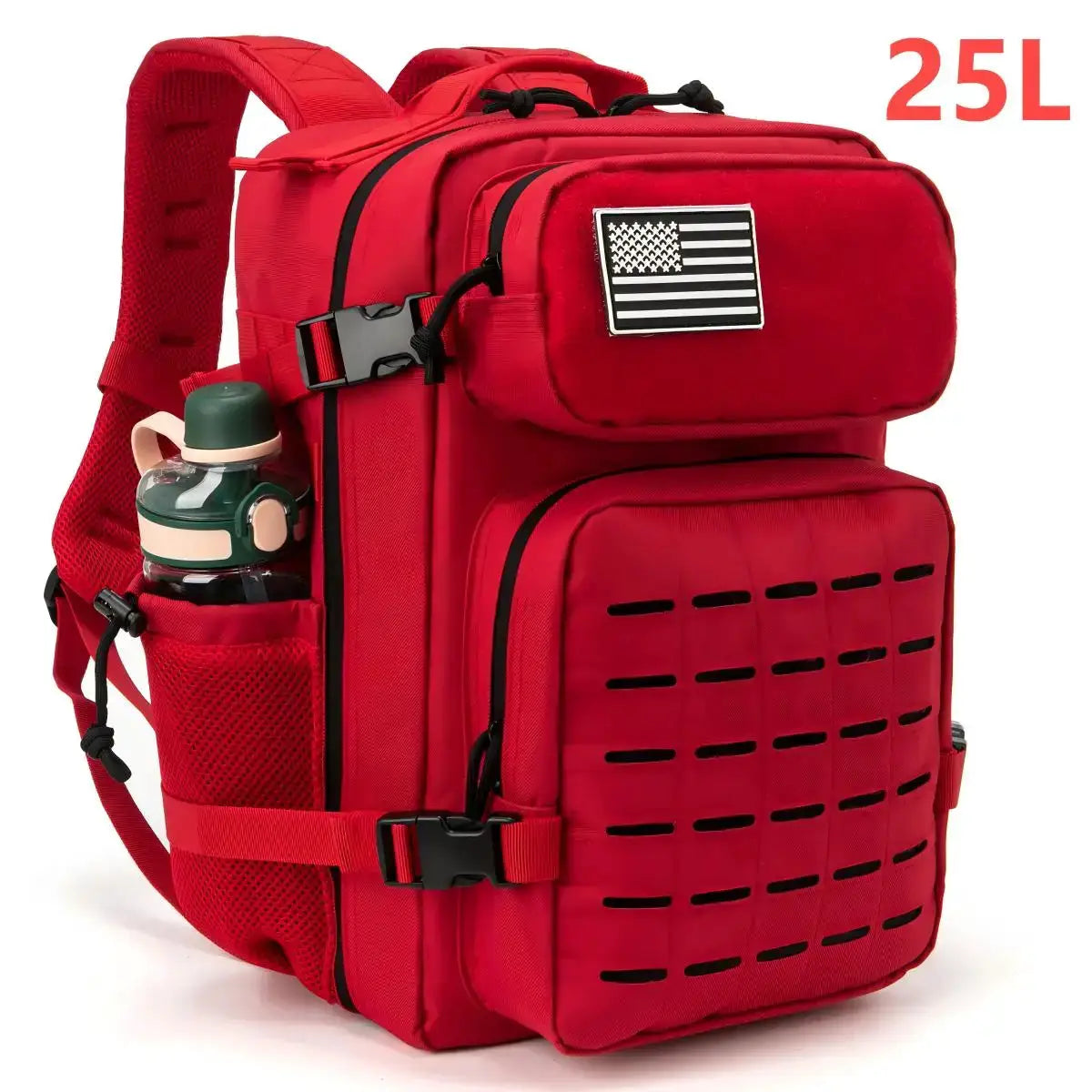 Red tactical backpack by Simples Market, 25L/45L, unisex, with water bottle holder and MOLLE front panel