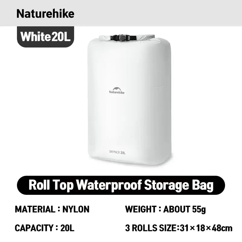 Naturehike white nylon roll-top storage bag, 20L waterproof portable organizer