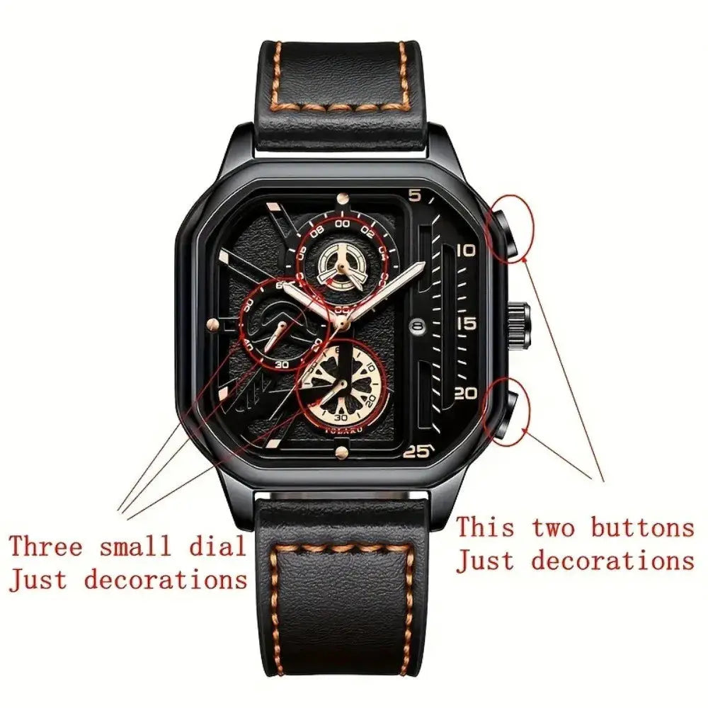 Yolako Luxury Big Dial Mens Square Watch With PU Leather Strap Alloy Case For Casual And Sports