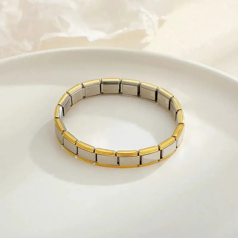 Stainless steel bracelet, two-tone gold and silver rectangular links, elastic 9mm width