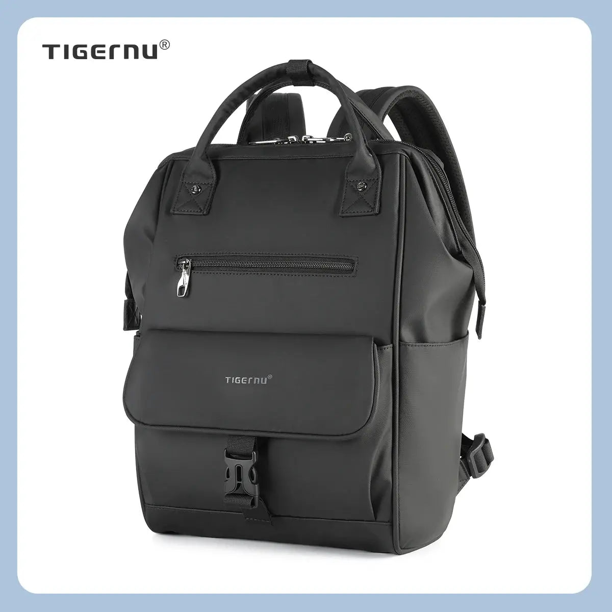 Tigernu ladies backpack in black, splashproof TPU material with front zip pocket and buckle pocket