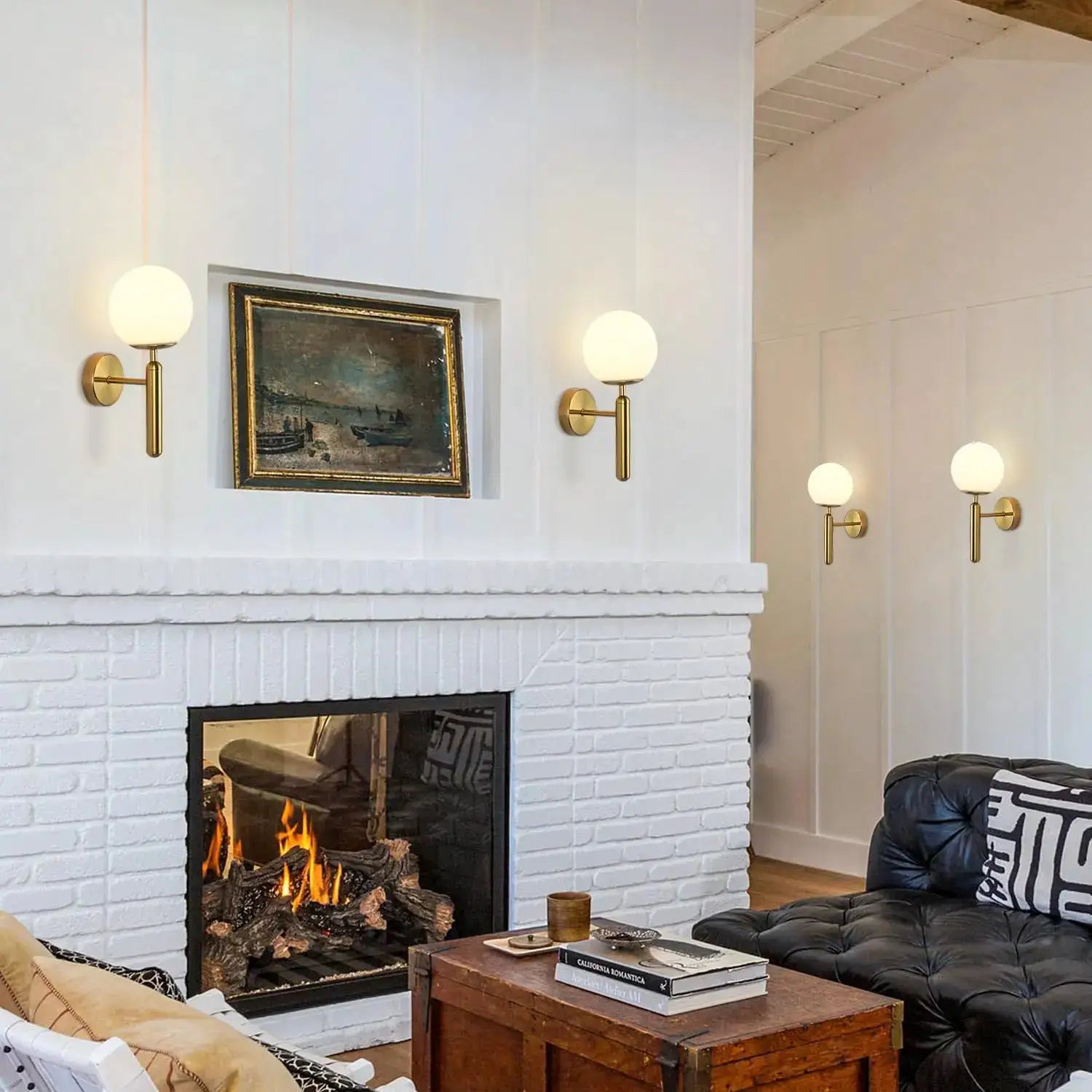 Modern brass wall light sconces by Simples Market with white glass globes (set of four) for living room or bedroom