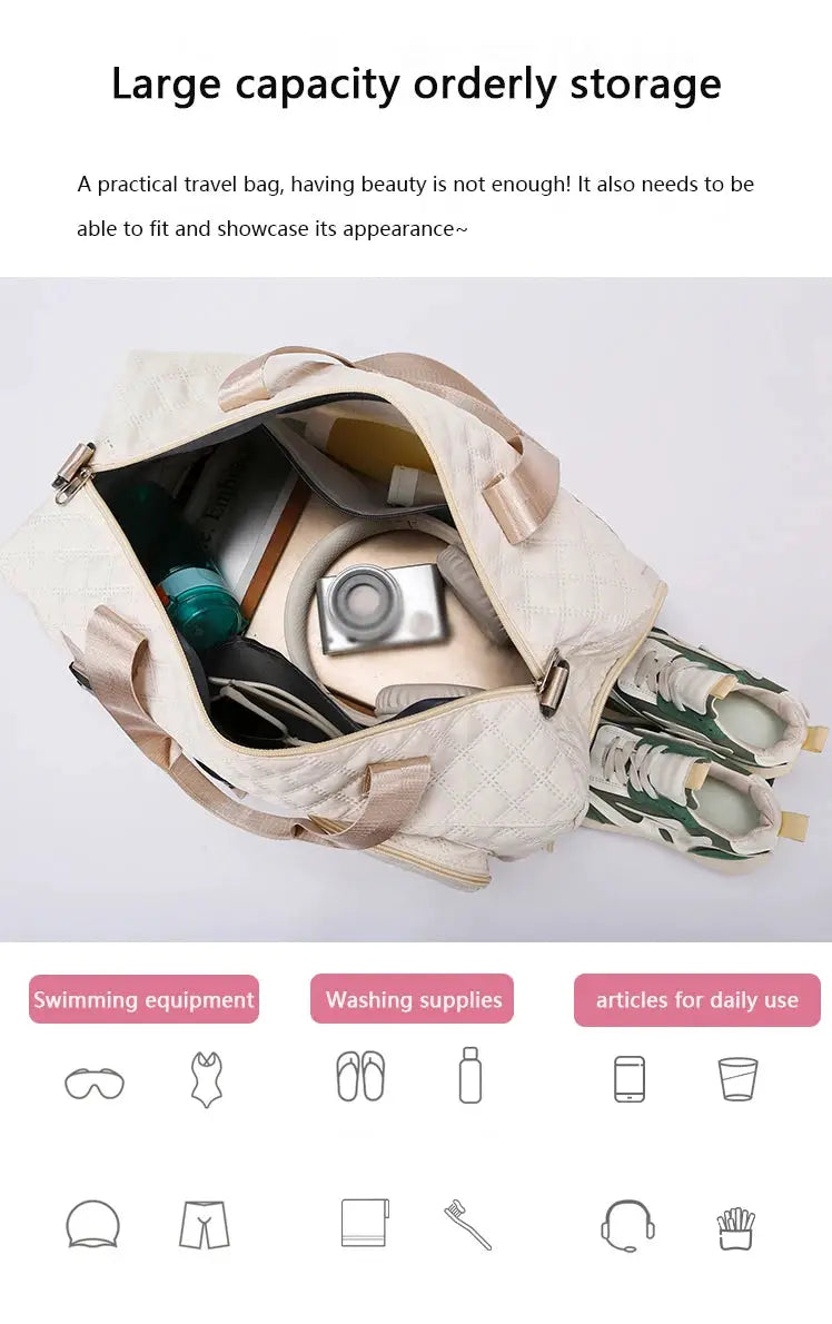 Durable nylon travel duffle bag in cream quilted fabric with beige handles, spacious for overnight trips.